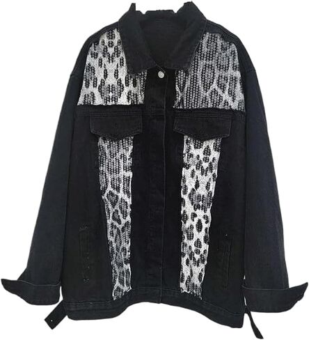 Jacket Retro Niche High Street Patchwork Leopard Print Contrasting Design Loose Plus Size Women's Denim Jacket in Saudi Arabia
