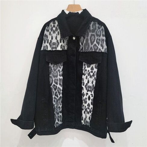 Jacket Retro Niche High Street Patchwork Leopard Print Contrasting Design Loose Plus Size Women's Denim Jacket in Saudi Arabia