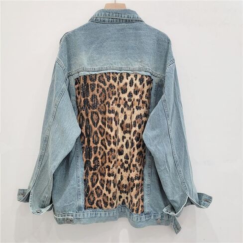 Jacket Retro Niche High Street Patchwork Leopard Print Contrasting Design Loose Plus Size Women's Denim Jacket in Saudi Arabia