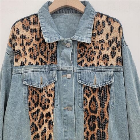 Jacket Retro Niche High Street Patchwork Leopard Print Contrasting Design Loose Plus Size Women's Denim Jacket in Saudi Arabia