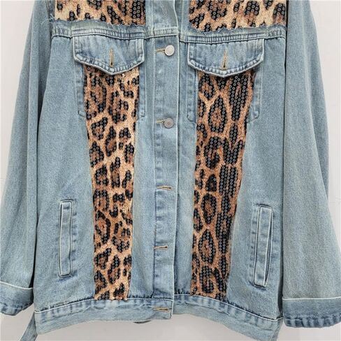 Jacket Retro Niche High Street Patchwork Leopard Print Contrasting Design Loose Plus Size Women's Denim Jacket in Saudi Arabia