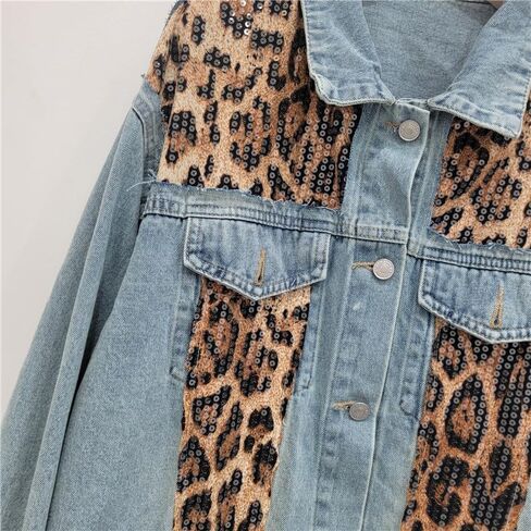Jacket Retro Niche High Street Patchwork Leopard Print Contrasting Design Loose Plus Size Women's Denim Jacket in Saudi Arabia