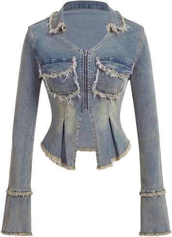 Wdirara Women's zip Up Raw Hem Denim Jacket Jacket Long Sleeve Split Jean Jean Coap Coat in Saudi Arabia