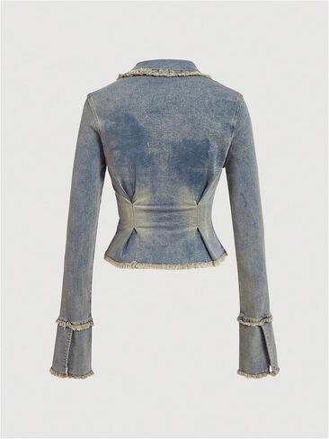 Wdirara Women's zip Up Raw Hem Denim Jacket Jacket Long Sleeve Split Jean Jean Coap Coat in Saudi Arabia