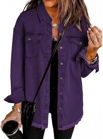 Women's Oversized Denim Jacket Lightweight Button Down Long Jean Jacket Casual Boyfriend Distresse Jacket Coats in Saudi Arabia