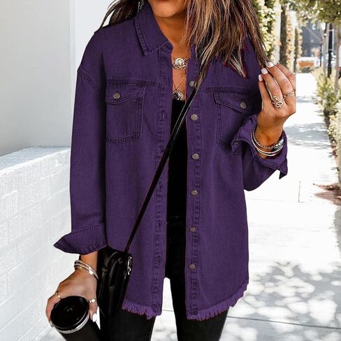 Women's Oversized Denim Jacket Lightweight Button Down Long Jean Jacket Casual Boyfriend Distresse Jacket Coats in Saudi Arabia