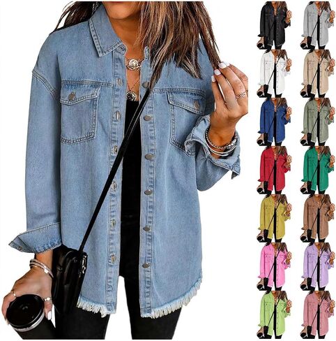 Women's Oversized Denim Jacket Lightweight Button Down Long Jean Jacket Casual Boyfriend Distresse Jacket Coats in Saudi Arabia