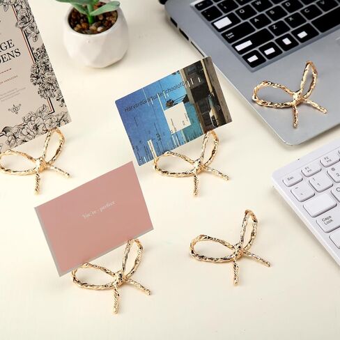 Leinuosen 12 PCS Golden Bow Place Molders Bowknot Coquette Wedding Seating Labels Placecard Clips Name Photo Picture Stepn in Saudi Arabia