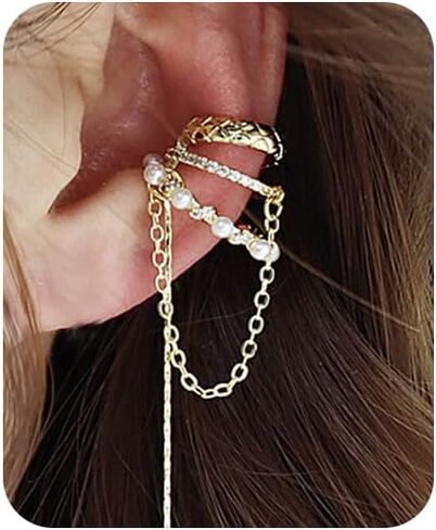 Ear Cuffs Non Piercing Gold Ear Cuff Earrings for Women Hoop Chain Earrings Dangle Hypoallergenic Clip on Earrings Adjustable Cartilage Earrings Gifts in Saudi Arabia