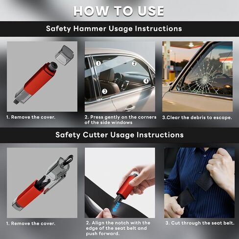 4PCS Window Breaker Seatbelt Cutter Car Safety Hammer, 2-in-1 Glass Breaker and Seat Belt Cutter with Test Glass, Underwater Emergency Escape Tool for All Vehicles (Red & Grey) in Kuwait