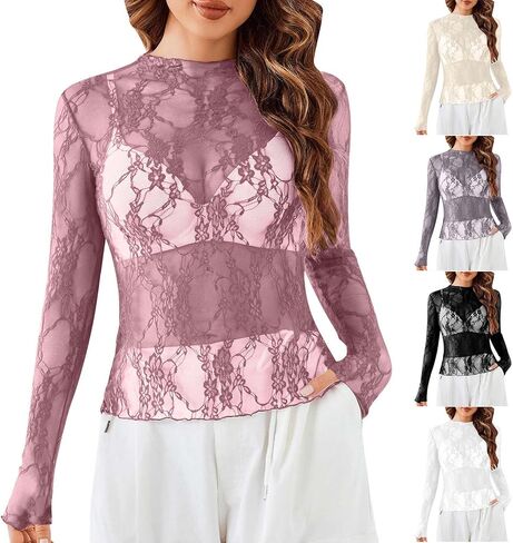 Lace Long Sleeve Tops for Women with Thumb Holes Mock Neck Sheer Blouse See Through Floral Lace Tops Going Out Shirt in Kuwait