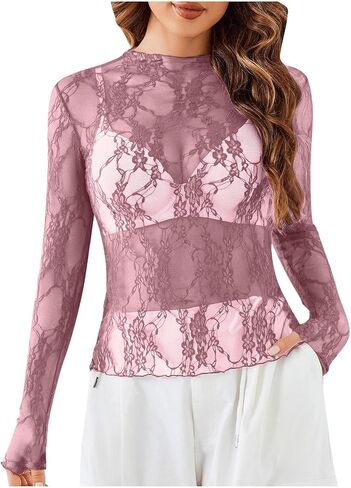 Lace Long Sleeve Tops for Women with Thumb Holes Mock Neck Sheer Blouse See Through Floral Lace Tops Going Out Shirt in Kuwait
