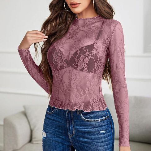 Lace Long Sleeve Tops for Women with Thumb Holes Mock Neck Sheer Blouse See Through Floral Lace Tops Going Out Shirt in Kuwait