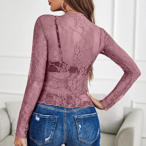 Lace Long Sleeve Tops for Women with Thumb Holes Mock Neck Sheer Blouse See Through Floral Lace Tops Going Out Shirt in Kuwait