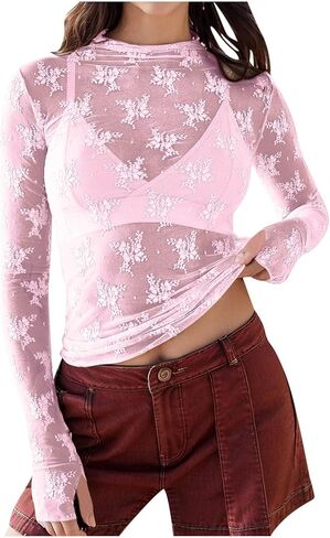 Lace Long Sleeve Tops for Women with Thumb Holes Mock Neck Sheer Blouse See Through Floral Lace Tops Going Out Shirt in Saudi Arabia