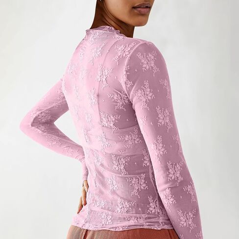 Lace Long Sleeve Tops for Women with Thumb Holes Mock Neck Sheer Blouse See Through Floral Lace Tops Going Out Shirt in Saudi Arabia