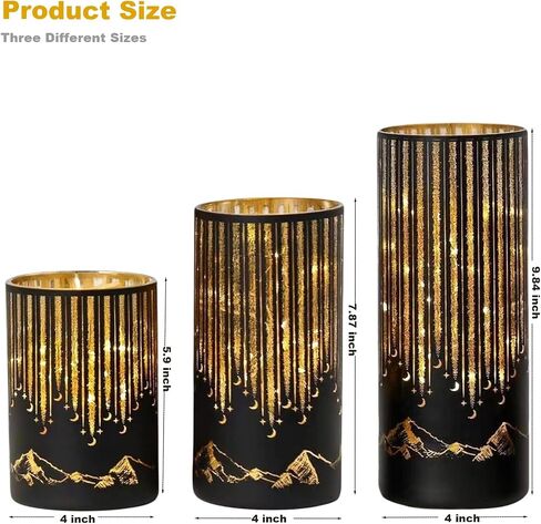 Set of 3 Illuminated Starry Night Hurricanes with Remote Timer, Glass Votive Pillar Candle Holders, Removable LED String Lights Candles for Centerpiece Table Halloween Christmas Decor(Black) in Saudi Arabia