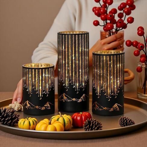 Set of 3 Illuminated Starry Night Hurricanes with Remote Timer, Glass Votive Pillar Candle Holders, Removable LED String Lights Candles for Centerpiece Table Halloween Christmas Decor(Black) in Saudi Arabia