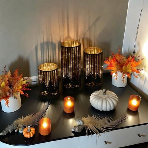 Set of 3 Illuminated Starry Night Hurricanes with Remote Timer, Glass Votive Pillar Candle Holders, Removable LED String Lights Candles for Centerpiece Table Halloween Christmas Decor(Black) in Saudi Arabia