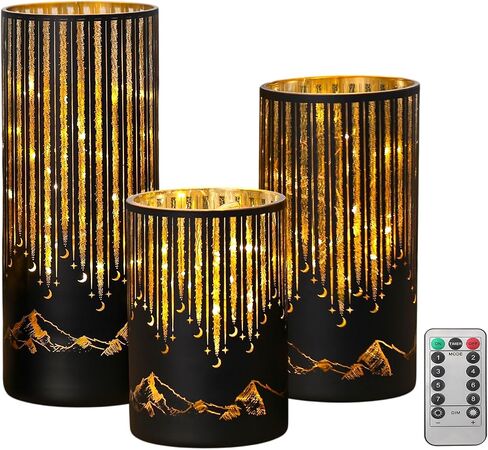 Set of 3 Illuminated Starry Night Hurricanes with Remote Timer, Glass Votive Pillar Candle Holders, Removable LED String Lights Candles for Centerpiece Table Halloween Christmas Decor(Black) in Saudi Arabia