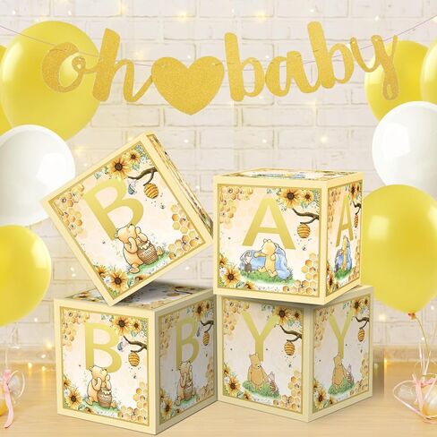 4 أجهزة كمبيوتر دب صناديق الأطفال مع رسائل لدش الطفل ديكورات دش الطفل الدب كتل مربع الجنس الكشف عن الزخارف (أصفر) in Kuwait