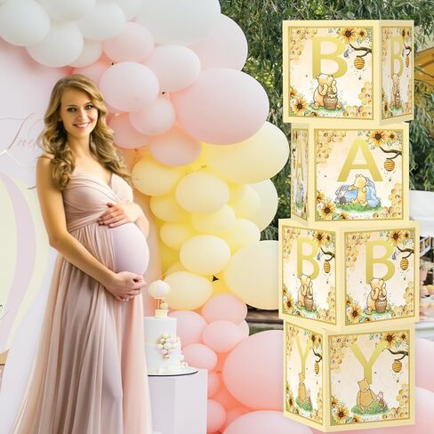 4 أجهزة كمبيوتر دب صناديق الأطفال مع رسائل لدش الطفل ديكورات دش الطفل الدب كتل مربع الجنس الكشف عن الزخارف (أصفر) in Kuwait