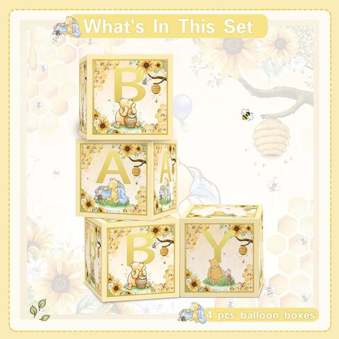 4 أجهزة كمبيوتر دب صناديق الأطفال مع رسائل لدش الطفل ديكورات دش الطفل الدب كتل مربع الجنس الكشف عن الزخارف (أصفر) in Kuwait