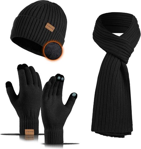Winter Hat Scarf Gloves Set - Knit Beanie with Fleece Lining, Touchscreen Gloves, Thick Scarf Gift for Cold Weather in Kuwait