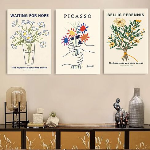 3-Pieces Set Framed Watercolor Daisy Flower Canvas Wall Art Colorful Plant Decor Girls Pink Wildflower Pictures Green Leaves Rustic Art Purple Printing Farmhouse decor Living Room Bedroom Bathroom in Saudi Arabia