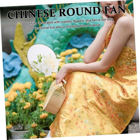 PartyKindom Chinese Round Fan with Lifelike Floral Design Vintage Handheld Fan for Weddings Dance Parties and Summer Events Adorned with Tassel and Faux Flower Decor in Saudi Arabia