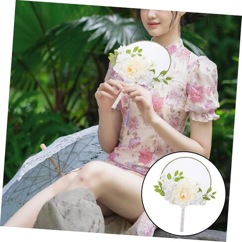 PartyKindom Chinese Round Fan with Lifelike Floral Design Vintage Handheld Fan for Weddings Dance Parties and Summer Events Adorned with Tassel and Faux Flower Decor in Saudi Arabia