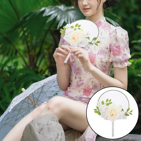 Chinese Round Fan with Tassel and Faux Flower Decoration Vintage Handheld Fan for Weddings Summer Parties and Dance Traditional Style Wood in Saudi Arabia