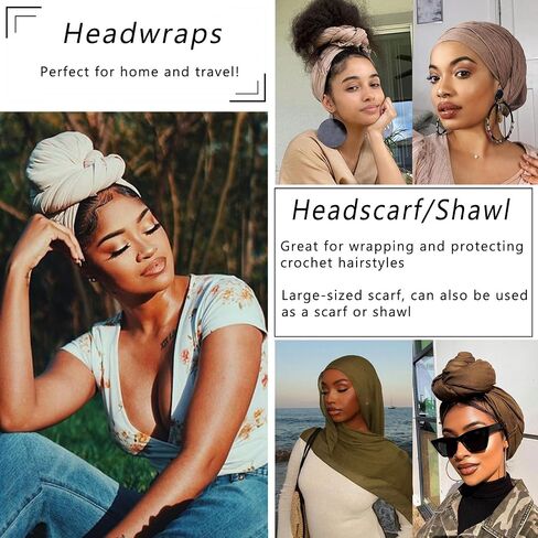 COOKOO 2 Piece Solid Color Stretch Jersey Head Wrap Long Scarf Long African Hair Wraps Stretch Hijab Extra Fashion Head Scarf Soft Head Wraps for Women(Black+Camel) in Saudi Arabia