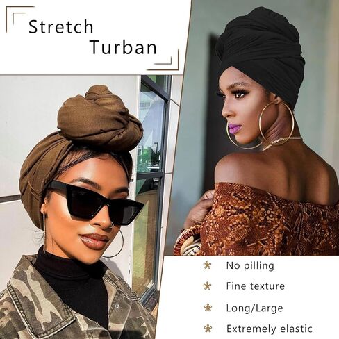 COOKOO 2 Piece Solid Color Stretch Jersey Head Wrap Long Scarf Long African Hair Wraps Stretch Hijab Extra Fashion Head Scarf Soft Head Wraps for Women(Black+Camel) in Saudi Arabia