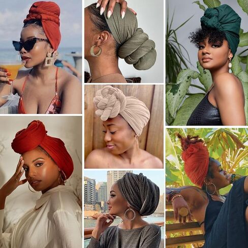 COOKOO 2 Piece Solid Color Stretch Jersey Head Wrap Long Scarf Long African Hair Wraps Stretch Hijab Extra Fashion Head Scarf Soft Head Wraps for Women(Black+Camel) in Saudi Arabia