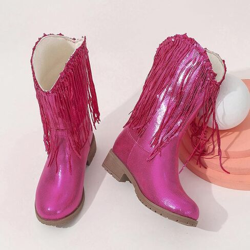 Girls Winter Low Heels Princess Boots Tassel Sequin Mid Calf Riding Shoes in Saudi Arabia