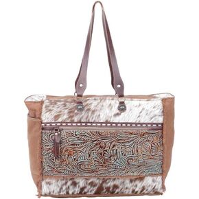 Myra Bag Juniper Cowhide Purse - Large Cowhide Purses for Women, Floral Tooled Leather Accent, Fringes, Western Style in Kuwait
