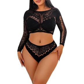 مجموعات طويلة الأكمام من شبك الصيد للنساء للنساء قمم مثيرة و Thongs Lace Bikini Beach in Kuwait