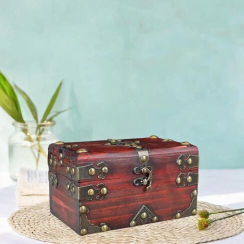 Vintage Style Wooden Treasure Chest Jewelry Storage Case 6.69x4.33x3.94 inch Multifunction Decorative Container for Trinkets Collectibles- Wood Color in Saudi Arabia