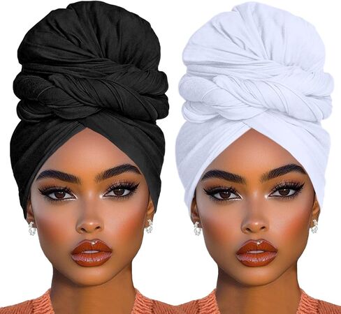 COOKOO 2 Piece Solid Color Stretch Jersey Head Wrap Long Scarf Long African Hair Wraps Stretch Hijab Extra Fashion Head Scarf Soft Head Wraps for Women(Black+Camel) in Saudi Arabia