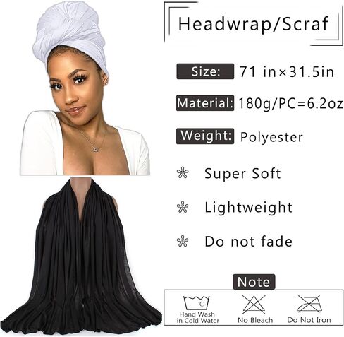 COOKOO 2 Piece Solid Color Stretch Jersey Head Wrap Long Scarf Long African Hair Wraps Stretch Hijab Extra Fashion Head Scarf Soft Head Wraps for Women(Black+Camel) in Saudi Arabia
