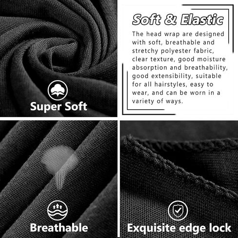 COOKOO 2 Piece Solid Color Stretch Jersey Head Wrap Long Scarf Long African Hair Wraps Stretch Hijab Extra Fashion Head Scarf Soft Head Wraps for Women(Black+Camel) in Saudi Arabia