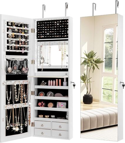 Ldaily 47 '' Jewelry Jewelry Armoire ، خزانة مجوهرات مثبتة على الأبواب/الحائط مع الضوء ، كونترتوب مستحضرات التجميل ، قابلة للقفل ، مرآة مدمجة ، 4 أدراج ، فوق الباب كامل الطول مرآة مع التخزين (أبيض) in Saudi Arabia