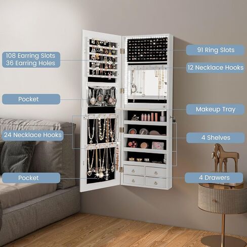 Ldaily 47 '' Jewelry Jewelry Armoire ، خزانة مجوهرات مثبتة على الأبواب/الحائط مع الضوء ، كونترتوب مستحضرات التجميل ، قابلة للقفل ، مرآة مدمجة ، 4 أدراج ، فوق الباب كامل الطول مرآة مع التخزين (أبيض) in Saudi Arabia