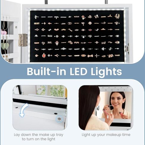 Ldaily 47 '' Jewelry Jewelry Armoire ، خزانة مجوهرات مثبتة على الأبواب/الحائط مع الضوء ، كونترتوب مستحضرات التجميل ، قابلة للقفل ، مرآة مدمجة ، 4 أدراج ، فوق الباب كامل الطول مرآة مع التخزين (أبيض) in Saudi Arabia