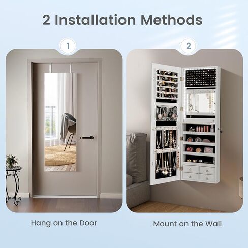 Ldaily 47 '' Jewelry Jewelry Armoire ، خزانة مجوهرات مثبتة على الأبواب/الحائط مع الضوء ، كونترتوب مستحضرات التجميل ، قابلة للقفل ، مرآة مدمجة ، 4 أدراج ، فوق الباب كامل الطول مرآة مع التخزين (أبيض) in Saudi Arabia