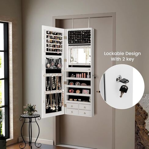 Ldaily 47 '' Jewelry Jewelry Armoire ، خزانة مجوهرات مثبتة على الأبواب/الحائط مع الضوء ، كونترتوب مستحضرات التجميل ، قابلة للقفل ، مرآة مدمجة ، 4 أدراج ، فوق الباب كامل الطول مرآة مع التخزين (أبيض) in Saudi Arabia