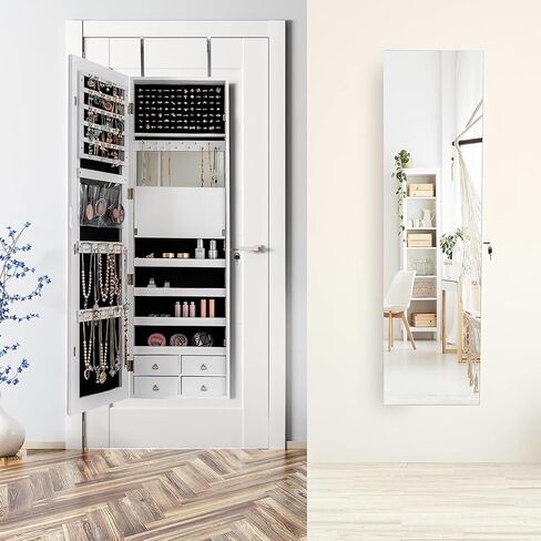 Ldaily 47 '' Jewelry Jewelry Armoire ، خزانة مجوهرات مثبتة على الأبواب/الحائط مع الضوء ، كونترتوب مستحضرات التجميل ، قابلة للقفل ، مرآة مدمجة ، 4 أدراج ، فوق الباب كامل الطول مرآة مع التخزين (أبيض) in Saudi Arabia