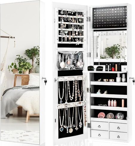 Ldaily 47 '' Jewelry Jewelry Armoire ، خزانة مجوهرات مثبتة على الأبواب/الحائط مع الضوء ، كونترتوب مستحضرات التجميل ، قابلة للقفل ، مرآة مدمجة ، 4 أدراج ، فوق الباب كامل الطول مرآة مع التخزين (أبيض) in Saudi Arabia