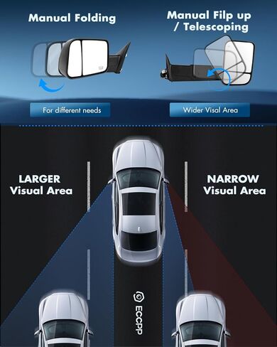 ECCPP Towing Mirrors Left and Right Side Tow Mirrors Replacement fit for 1998-2002 for Dodge for Ram 1500 2500 3500 Truck with Power Adjusted Heated No Light Pair Mirrors Manual Filp up in Kuwait